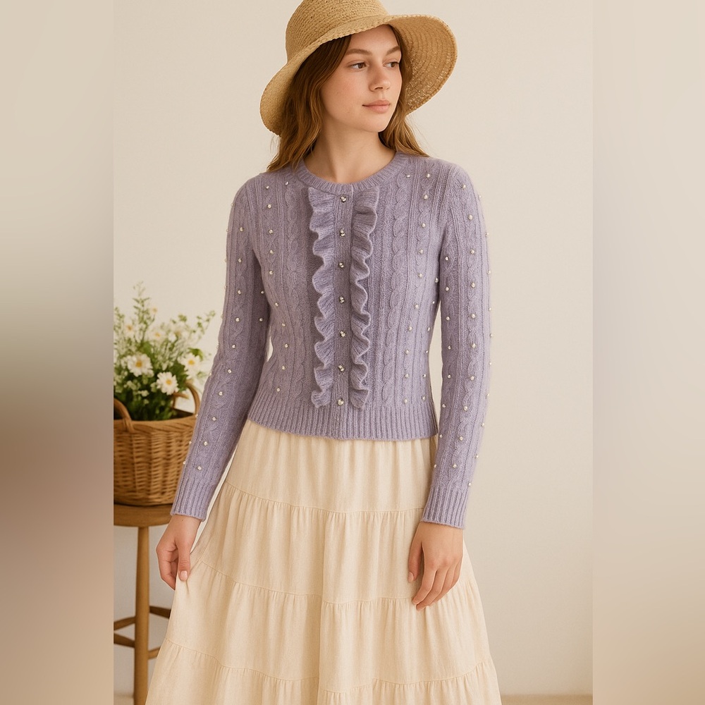 Industry Lavender Ruffle Pearl Embellished Sweater S NWT Feminine Cottagecore